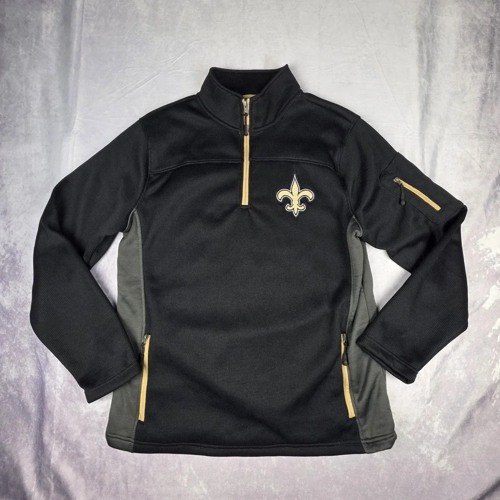 New Orleans Saints Mens Large Black Gold Zip Up Knit Pullover NFL‎ Embroidered